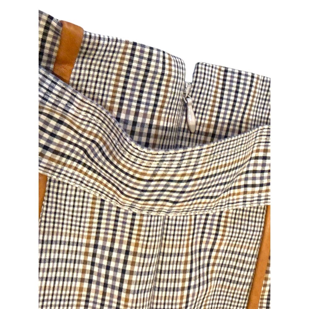 TORY BURCH Plaid Pleated A-Line Midi Skirt Leather Trim Belt Size 0 NWOT - Picture 7 of 9